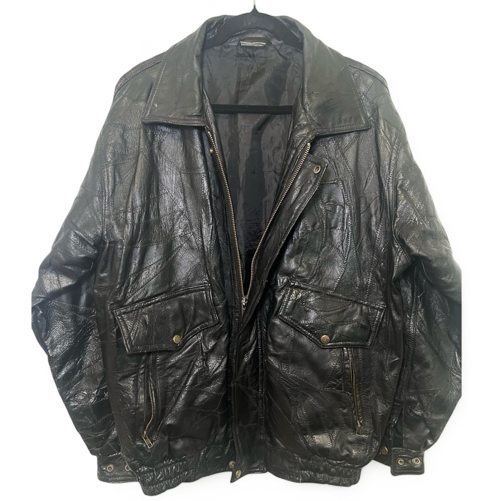 Vintage Black Leather Patchwork Jacket L - image 1